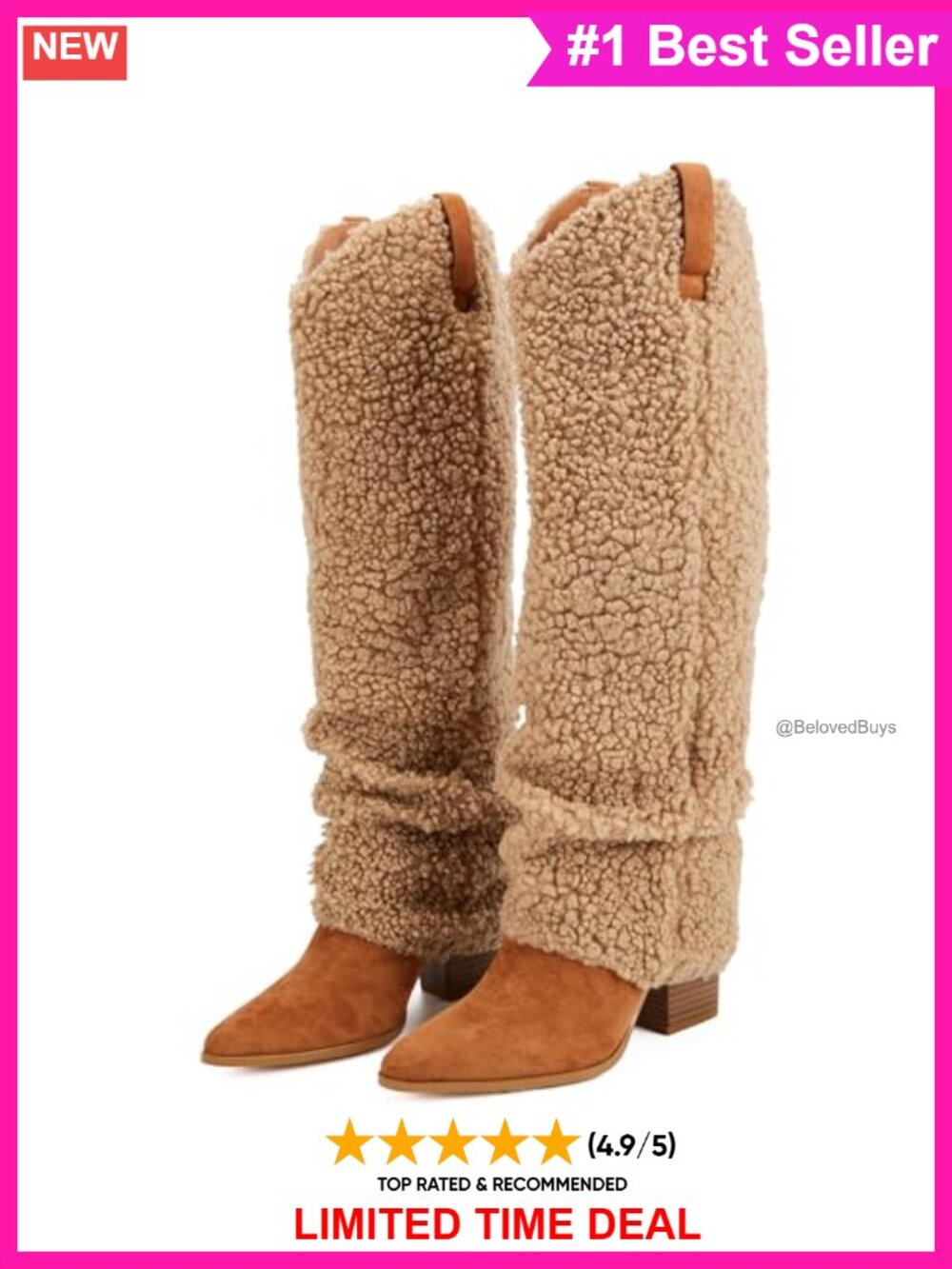 Women's Berber Fleece Knee High Fold Over Boots Chunky Heel Western